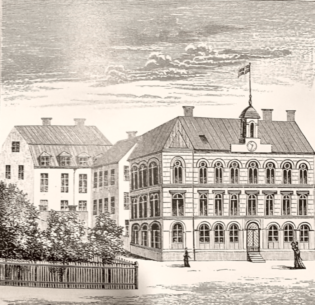 Gravyr av skolbyggnaden